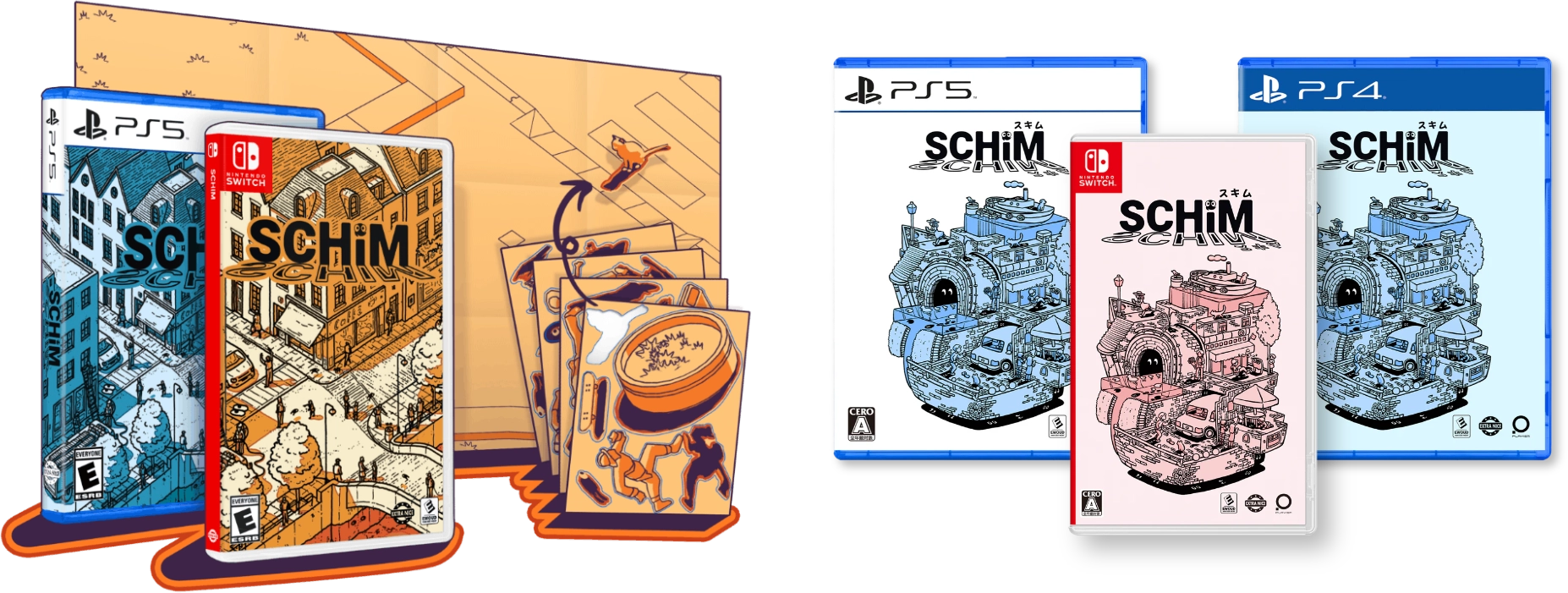Physical editions of SCHiM. The versions on the left illustrated by Owen D. Pomery, the versions on the right illustrated by Keiichi Arawi