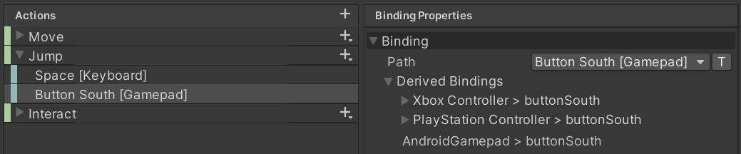Screenshot of the InputActions in Unity