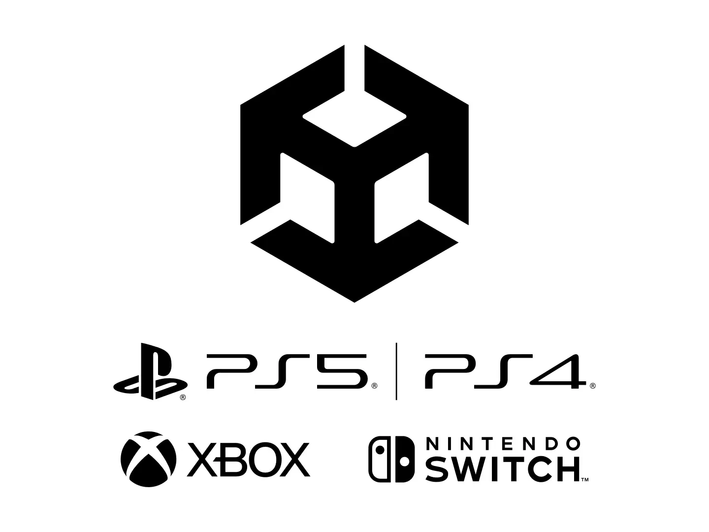 Unity logo on a white background, logos for PlayStation, Xbox and Nintendo Switch are seen below